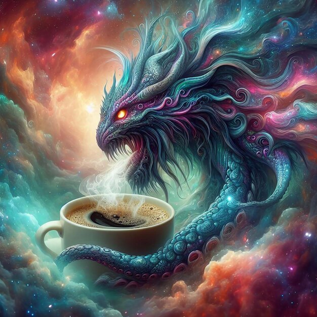 un dragón está en una taza de café