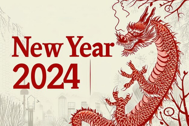 Foto un dragón de estilo postal chino dice feliz año nuevo 2024