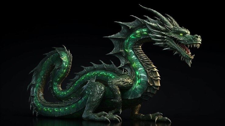 Dragón de fantasía verde aislado sobre fondo negro generativo ai