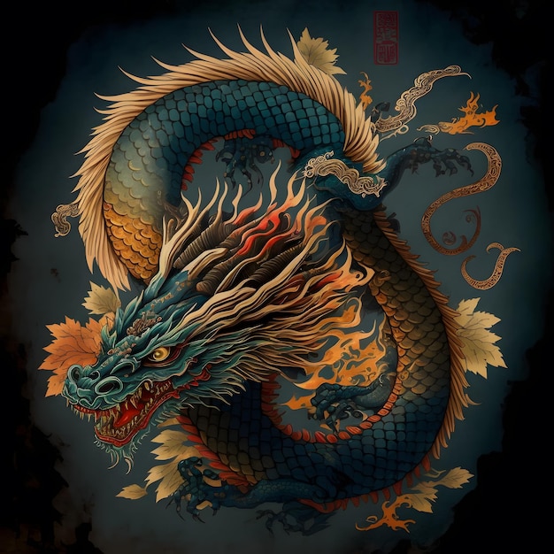 Un dragón con un fondo azul y la palabra dragón en él.