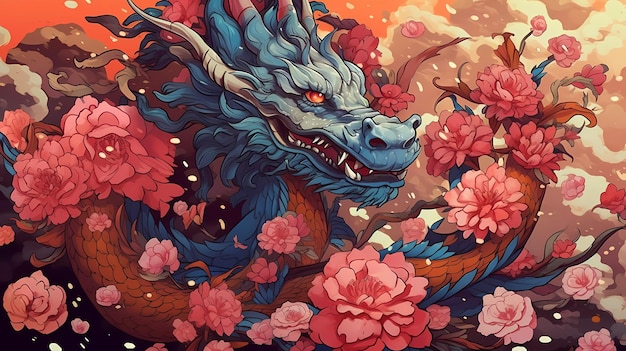 Un dragón con un fondo floral.