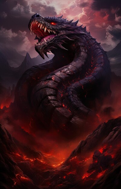 un dragón con un fondo rojo y un fuego en el fondo