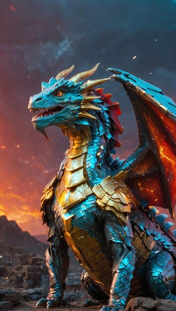 un dragón con un fondo rojo y naranja