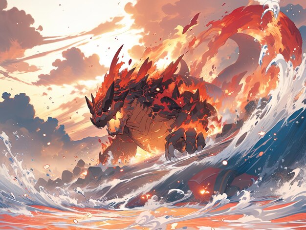 un dragón con un fuego en el fondo está surfeando