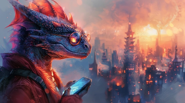 Un dragón con gafas de moda jugando en un teléfono con un vibrante paisaje urbano de acuarela en el fondo