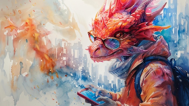 Un dragón con gafas de moda jugando en un teléfono con un vibrante paisaje urbano de acuarela en el fondo
