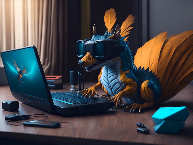 El dragón con gafas de realidad virtual juega juegos generados por la IA