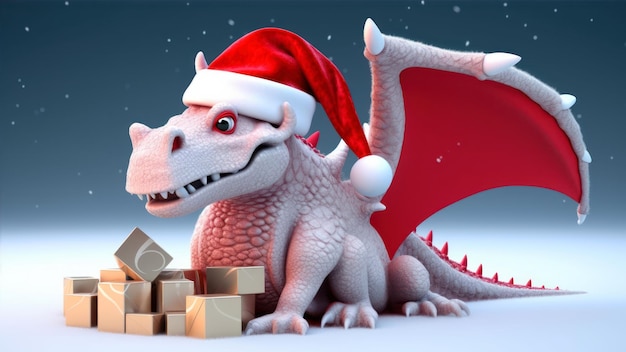 Un dragón con un gorro de Papá Noel se sienta frente a una pila de cajas.