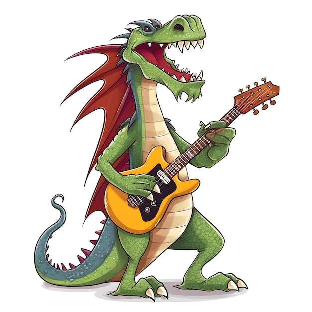Un dragón con una guitarra está tocando una guitarra.