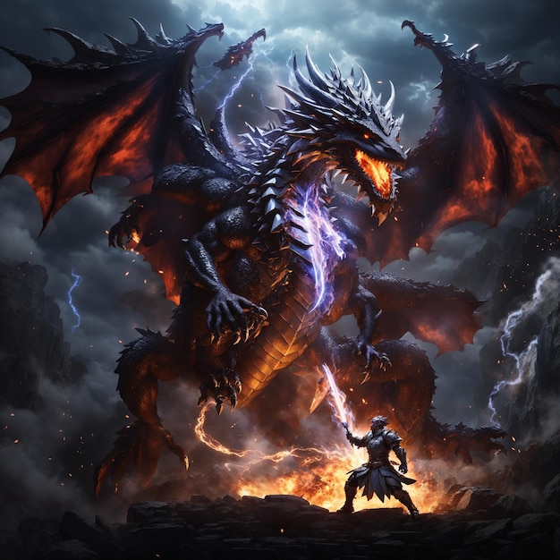 un dragón y un hombre en un cielo oscuro con un hombre arrodillado junto a ellos