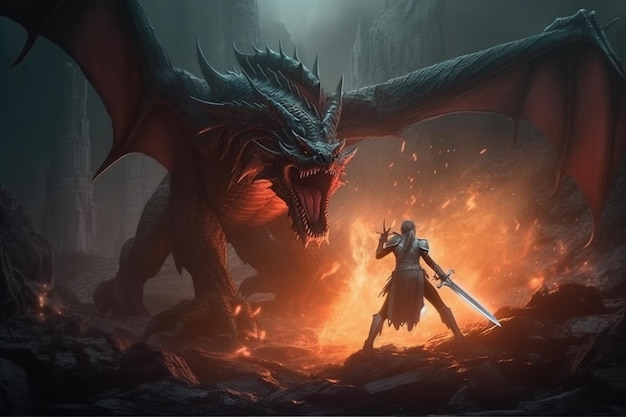 Un dragón y un hombre con una espada.