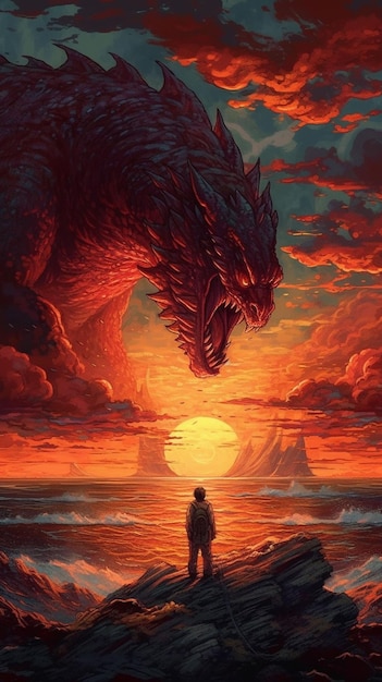 Un dragón y un hombre miran la puesta de sol.