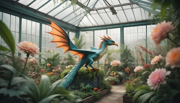 Un dragón en un invernadero lleno de flores y elementos vegetales