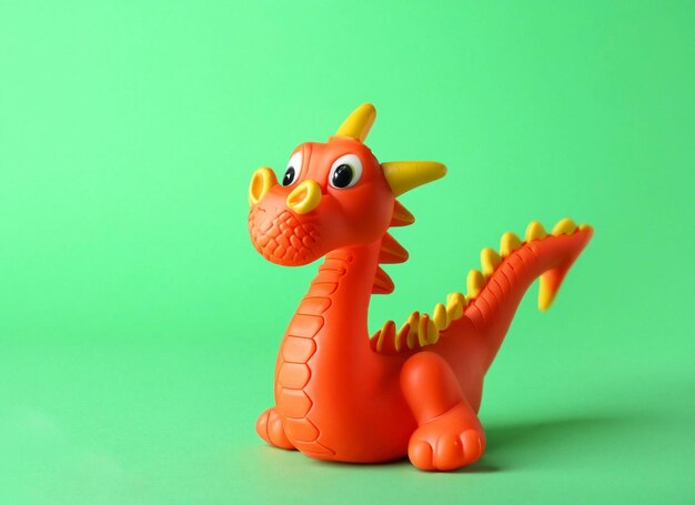 Foto un dragón de juguete con puntas amarillas en la cabeza está sobre un fondo verde.