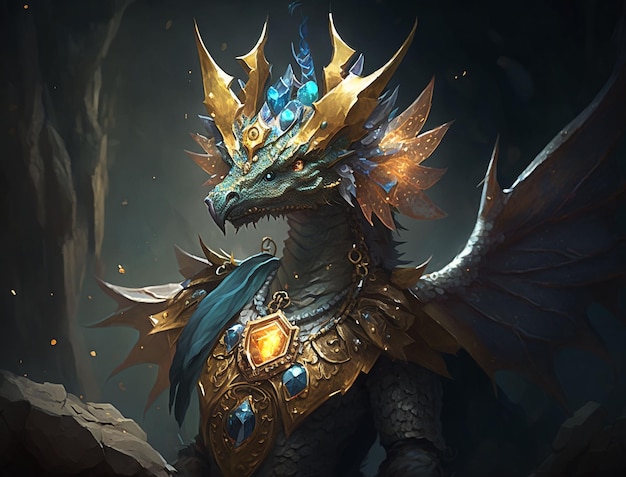 Dragon King na ilustração da caverna cheia de tesouro Generative ai