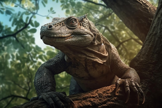 Un dragón de Komodo en la hierba con el océano al fondo.