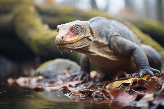 Un dragón de Komodo junto a un arroyo de agua dulce.