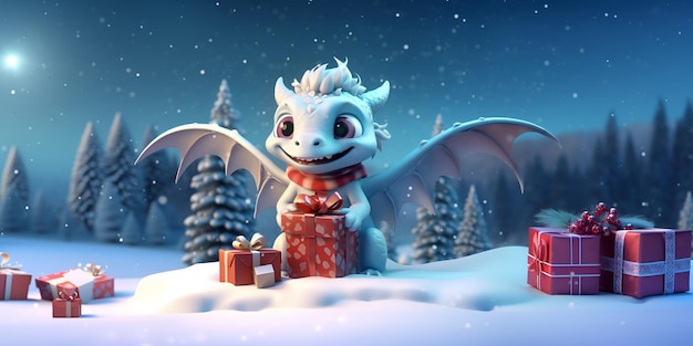 Dragón lindo y cajas de regalo año nuevo o Navidad Ilustración 3d Generación de IA