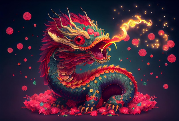 Dragón lindo chino con fuegos artificiales de fuego en el fondo de la fiesta de celebración IA generativa
