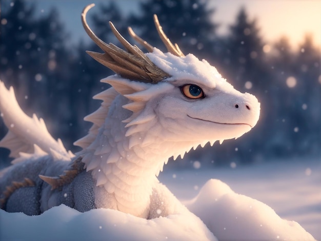 dragón lindo en la nieve símbolo de 2024 fondo realista copos de nieve luz cinematográfica