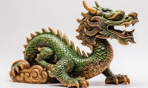 Dragón de madera chino verde sobre fondo blanco IA generativa