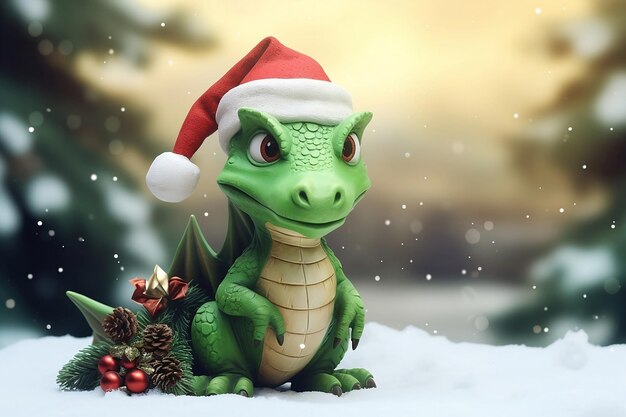 Dragón de madera verde cerca del árbol de Navidad