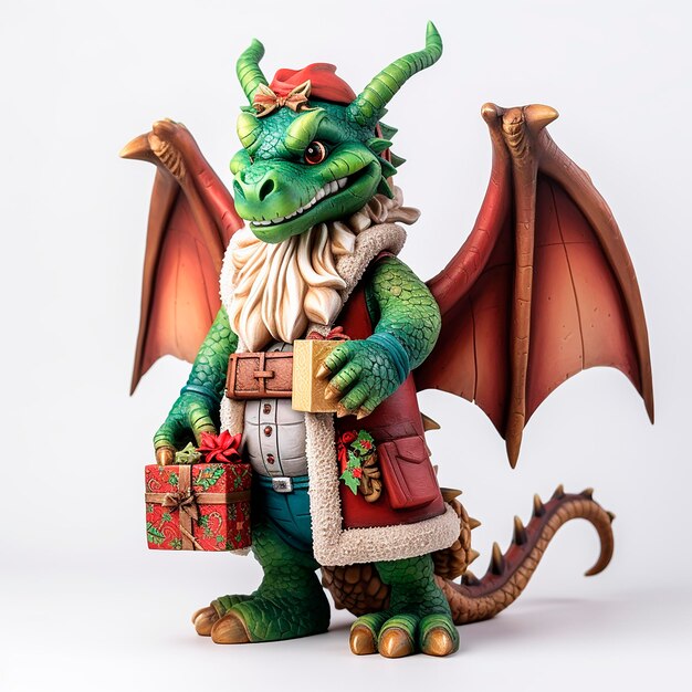 Foto el dragón de madera verde es el símbolo de 2024 en un traje de santa con un regalo.