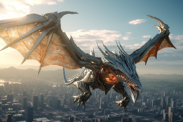 Un dragón mecánico que se eleva sobre un horizonte futurista