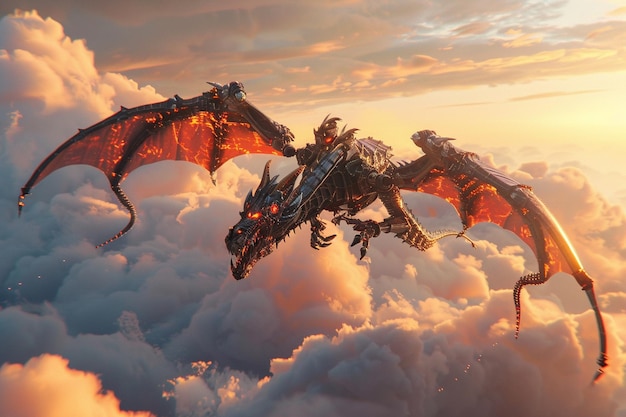 Foto dragón mecánico volando a través de las nubes con