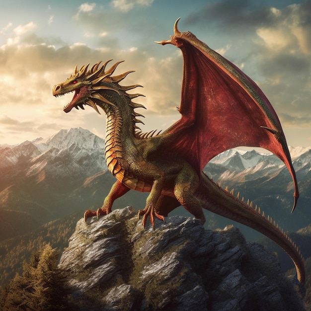 Un dragón con una melena roja y una cola dorada se encuentra en la cima de una montaña.