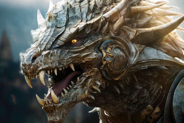 un dragón de metal con dientes afilados