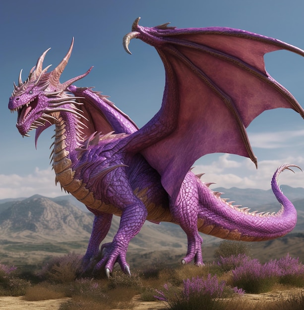 Un dragón morado con una cola larga y una cola larga.