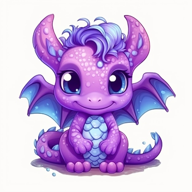 un dragón morado con ojos azules sentado en el suelo ai generativo