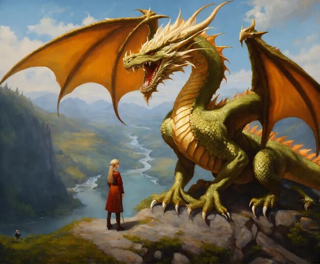 Foto un dragón y una mujer en una montaña con montañas en el fondo