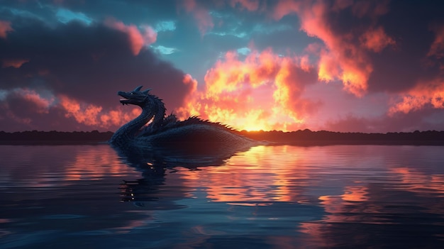 Un dragón nadando en el agua con una puesta de sol de fondo.