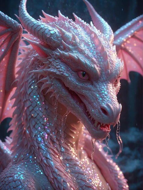 un dragón con una nariz roja y un fondo rosa con brillo plateado