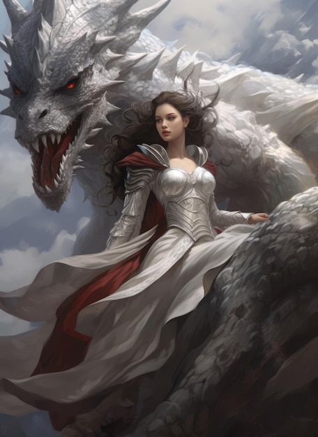 un dragón y una niña con un vestido blanco