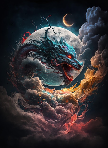 Un dragón con un ojo azul y una luna al fondo.