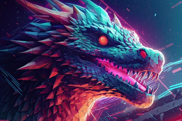 Un dragón con un ojo morado y ojos rojos se muestra en un fondo morado neón