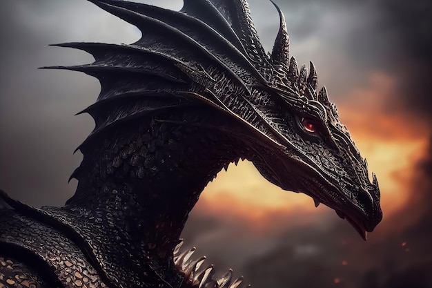 Un dragón con un ojo rojo y un dragón negro en la cabeza.