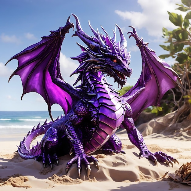 Foto un dragón con ojos y alas púrpuras brillantes en lo alto de una tranquila playa