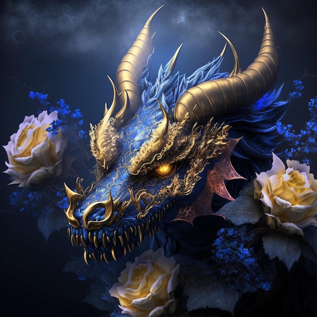 Un dragón de ojos dorados y cabeza azul con rosas de fondo.