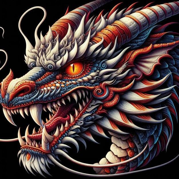 un dragón con ojos naranjas y ojos rojos