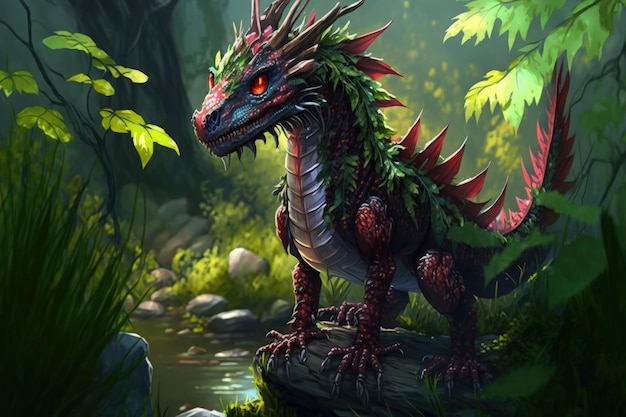 Un dragón de ojos rojos se alza sobre una roca en un bosque.
