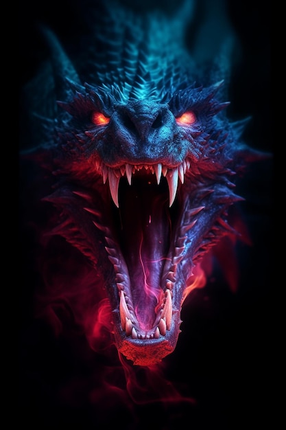 Un dragón de ojos rojos y cara azul.