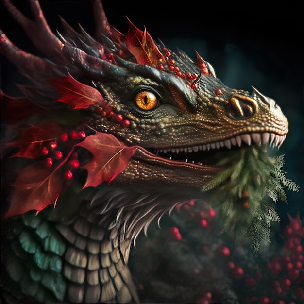 Un dragón con ojos rojos y ojos rojos se muestra en esta imagen.