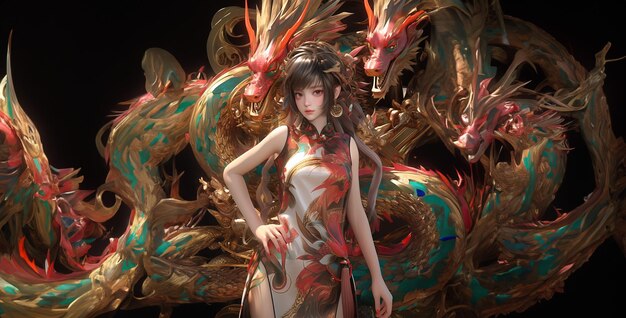 Un dragón oriental lindo con una chica de anime linda