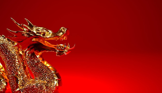 Dragón de oro 3d sobre fondo rojo con espacio de copia Año del dragón Concepto de año nuevo chino 2024