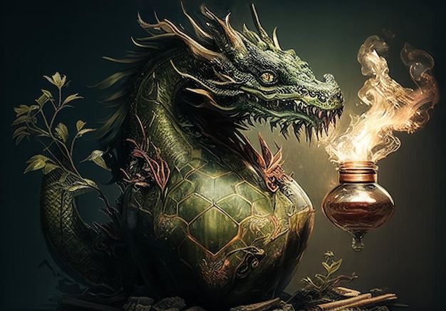 Un dragón pintado de verde en forma de un jarrón antiguo al lado del dragón es una lámpara de aceite con fuego