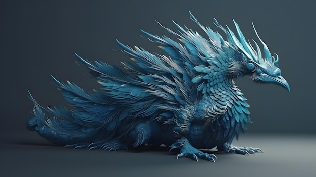 Un dragón con plumas azules y una cabeza grande.